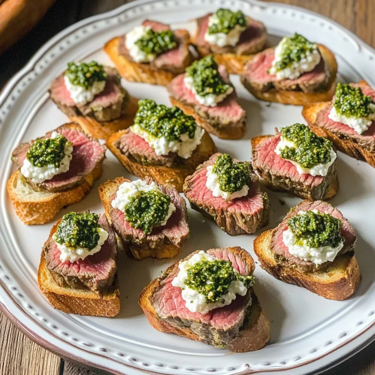 Beef Tenderloin Crostini with Whipped Goat Cheese and Pesto