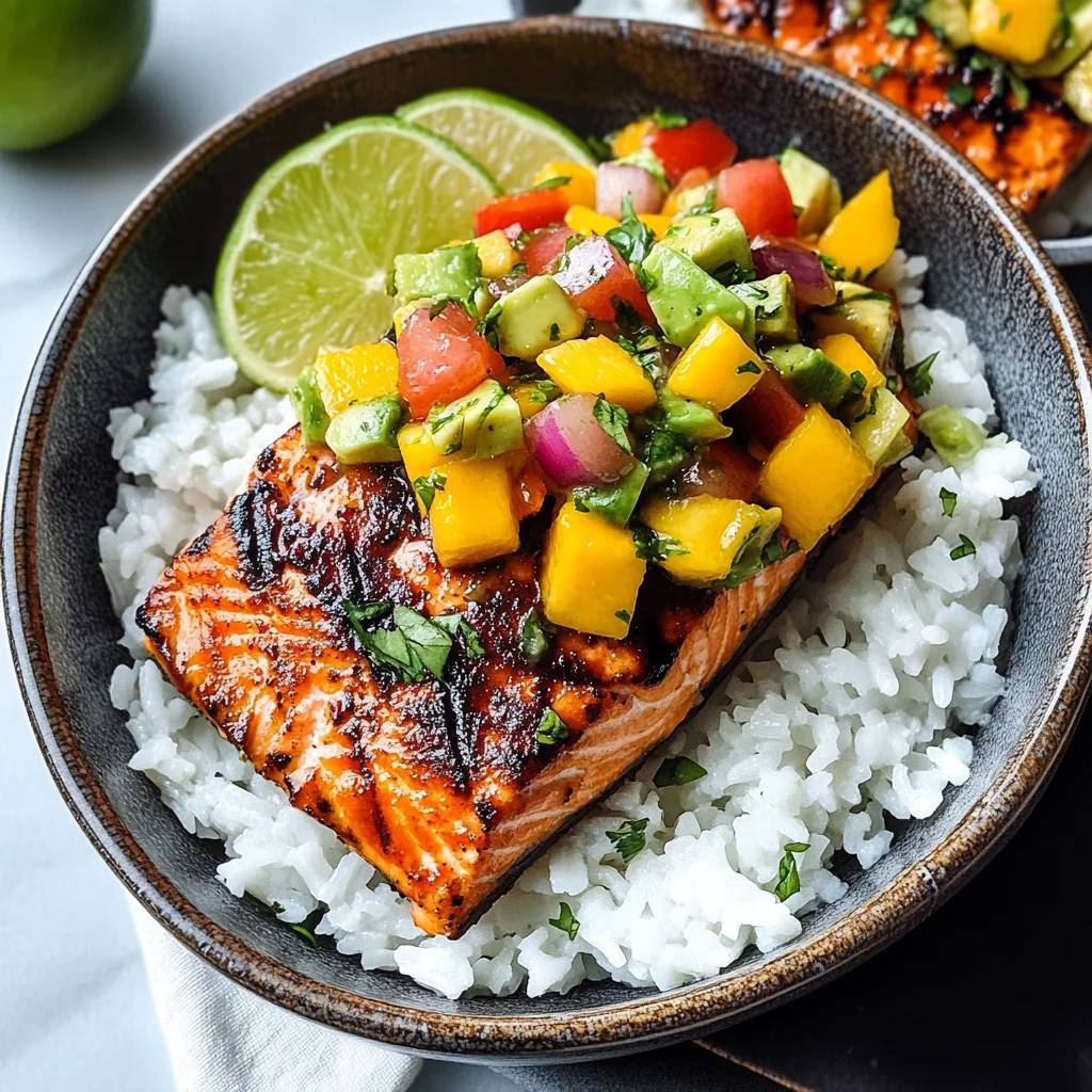 BBQ Salmon Bowls with Mango Avocado Salsa