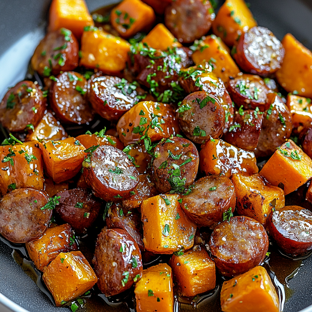 Quick Sheet Pan Sausage & Sweet Potatoes with Honey Garlic