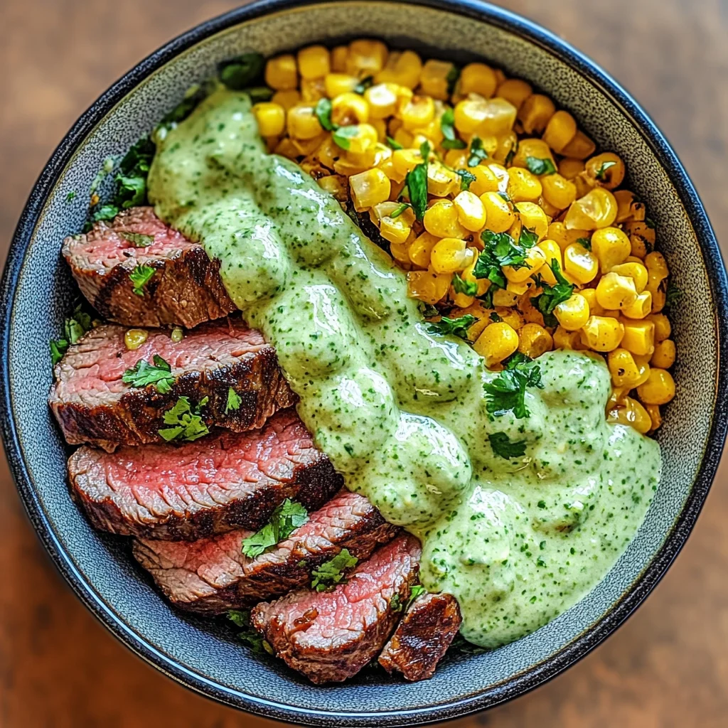 Steak Avocado Roasted Corn Bowl with Cilantro Cream Sauce…