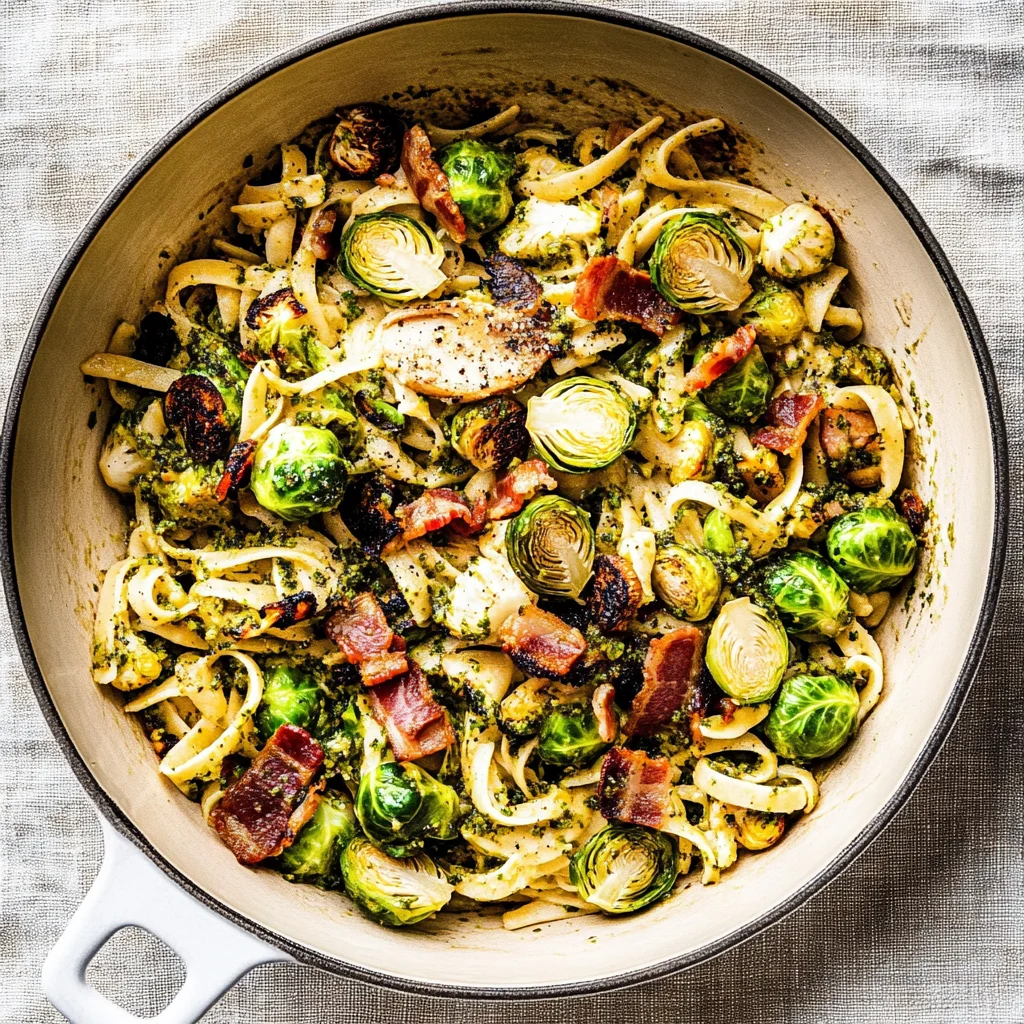 Brussels Sprouts and Bacon Pesto Pasta: Cozy Comfort Food